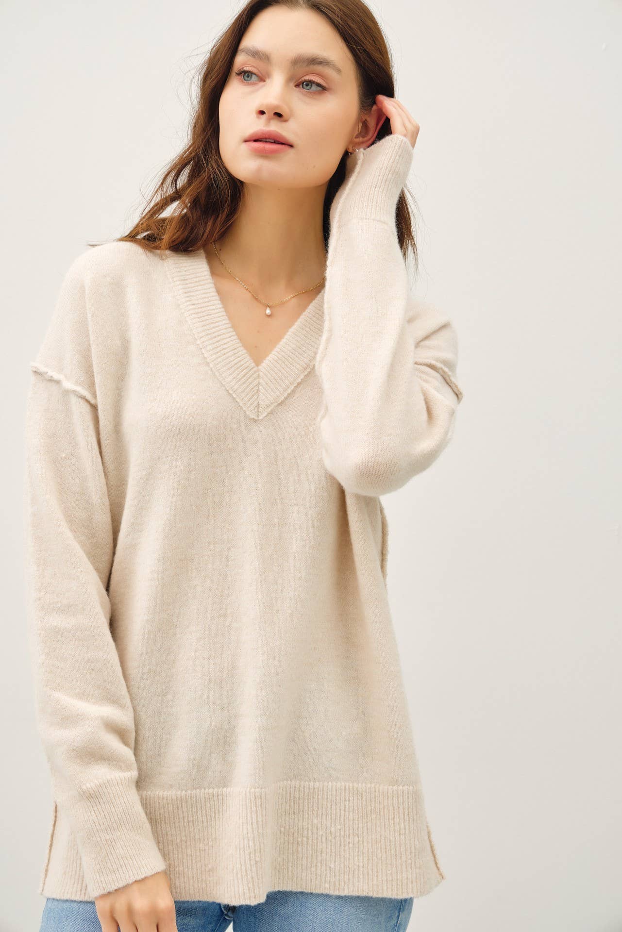 Oversized V-Neck Sweater with Raw Seam Details