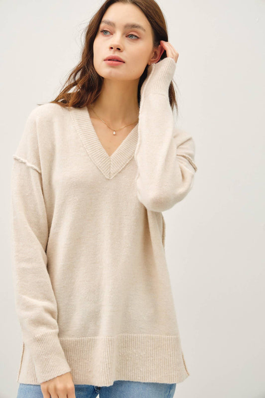 Oversized V-Neck Sweater with Raw Seam Details