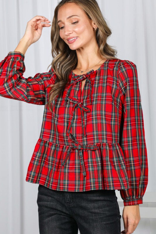 Red Plaid Peplum & Bows Top