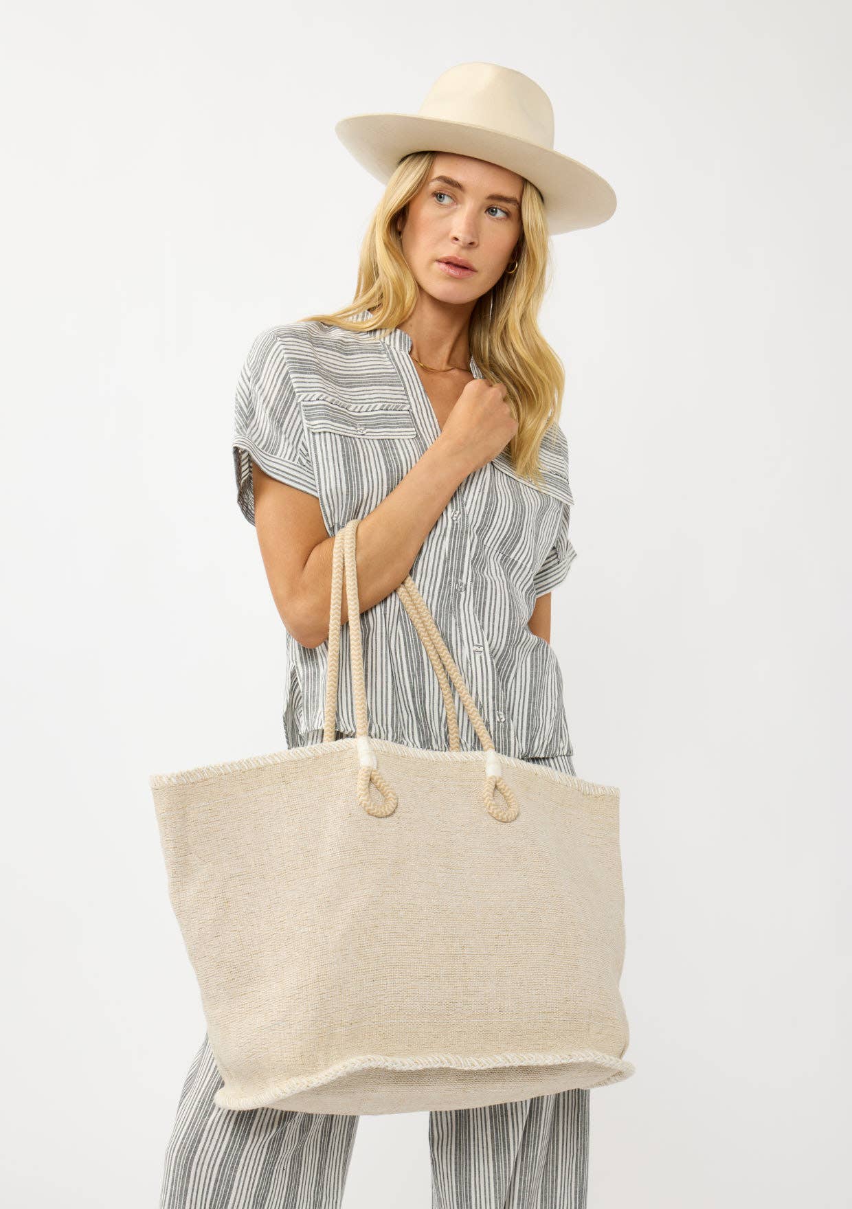 Large Woven Cotton Zip-Up Tote Bag