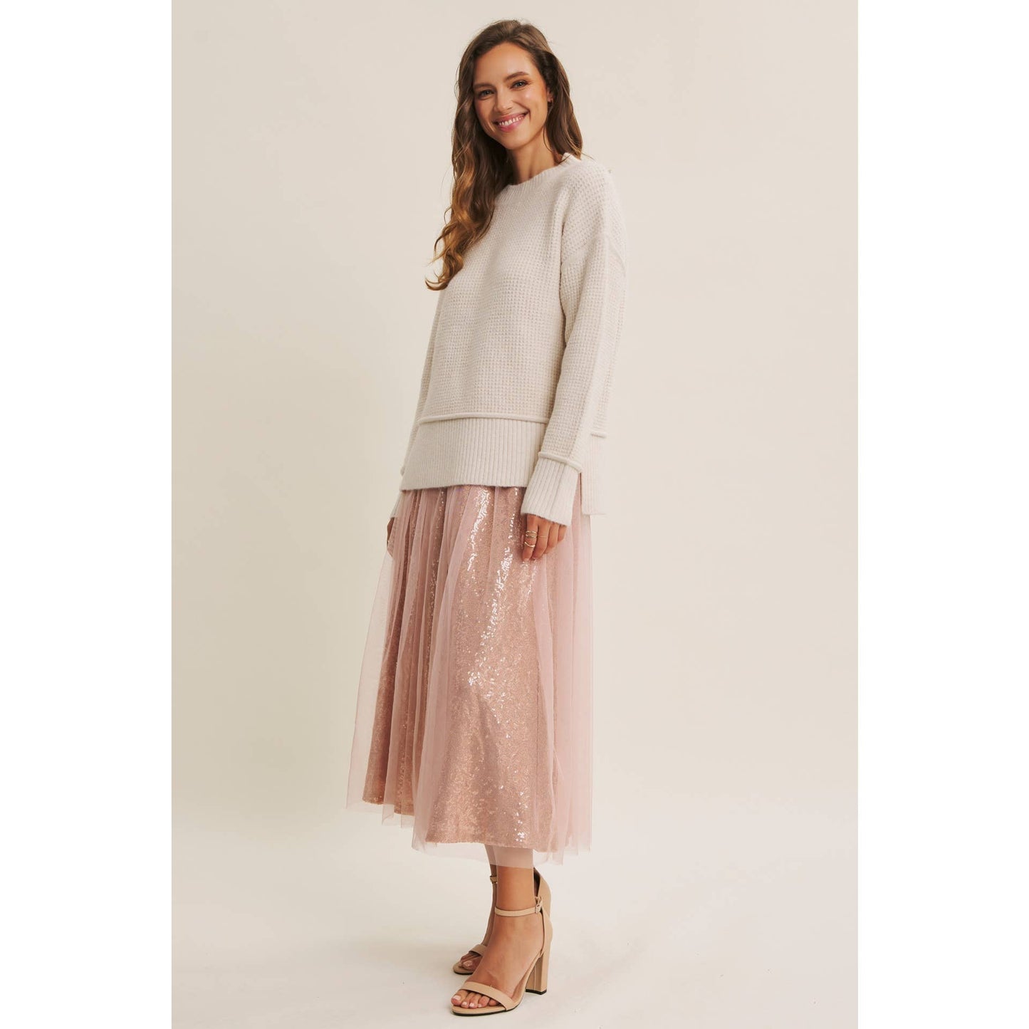 Dance the Night Away Blush Sequin Tulle Midi Skirt