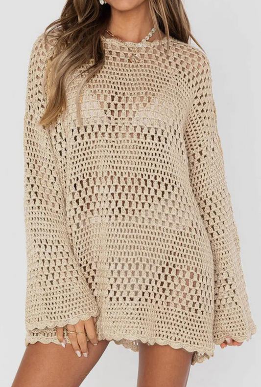 Crochet Bell Sleeve Cover Up Tunic-Beige