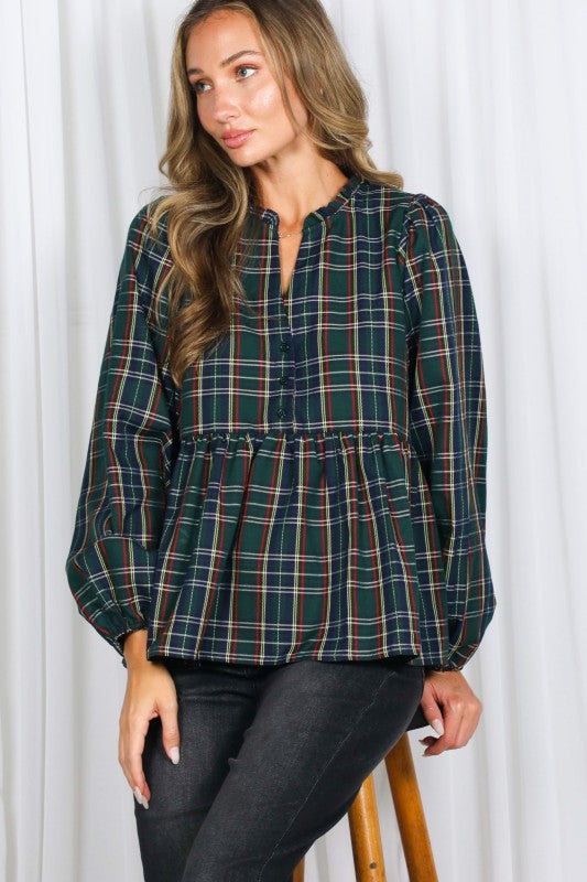 Green Plaid Peplum Button-up Top