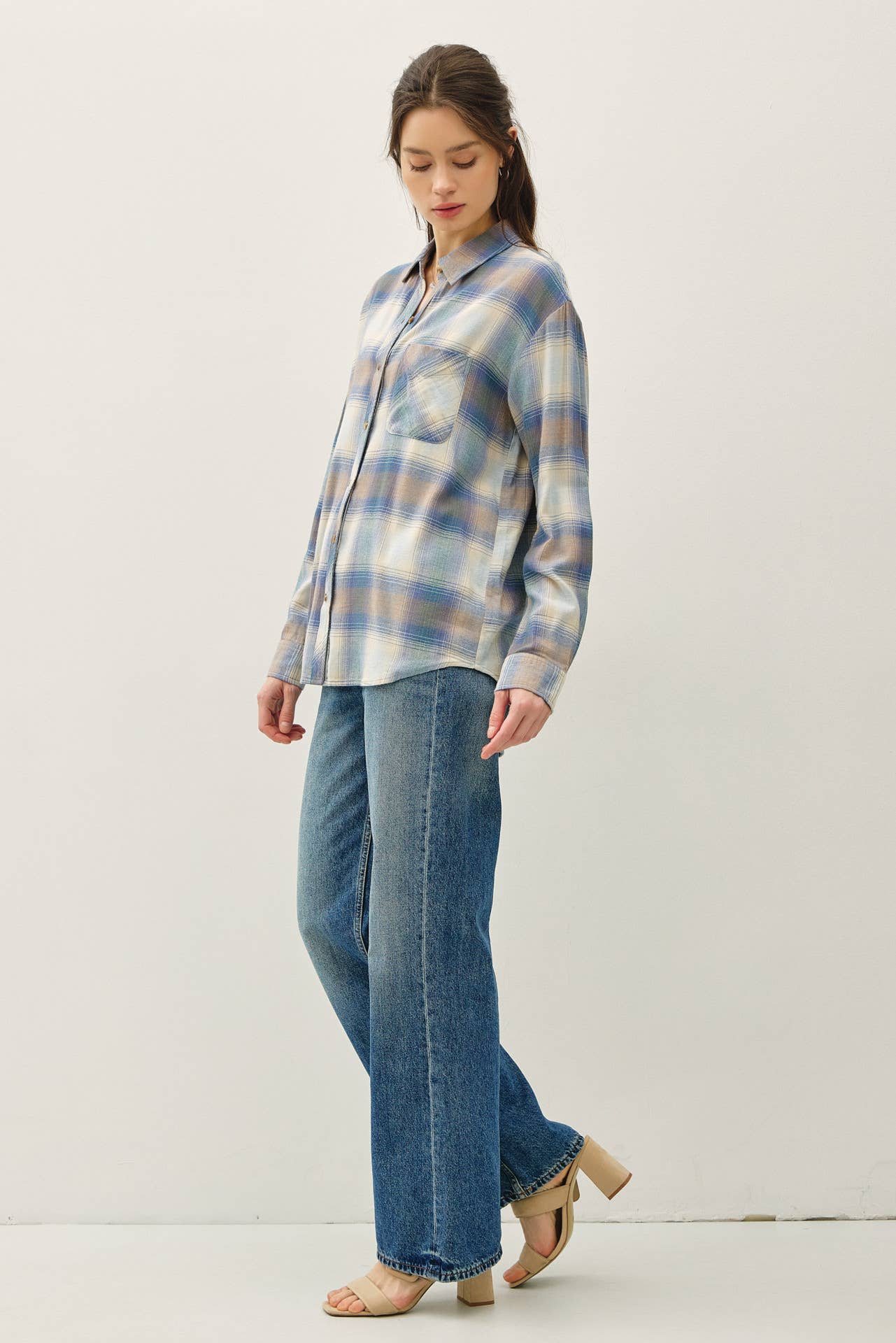 Blue, Taupe and Cream Vintage Plaid Button-Up
