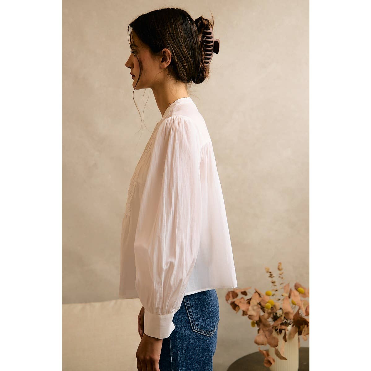 PLEATED LACE TRIM BUTTON-UP BLOUSE
