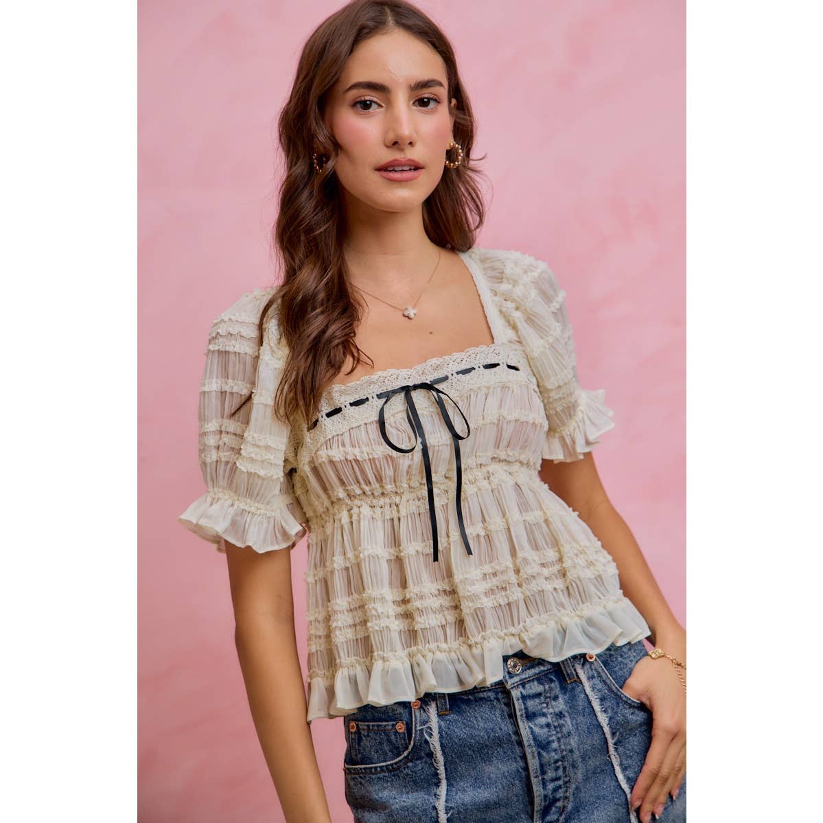 SHIRRED LACE RUFFLE PUFF SLEEVE BLOUSE TOP