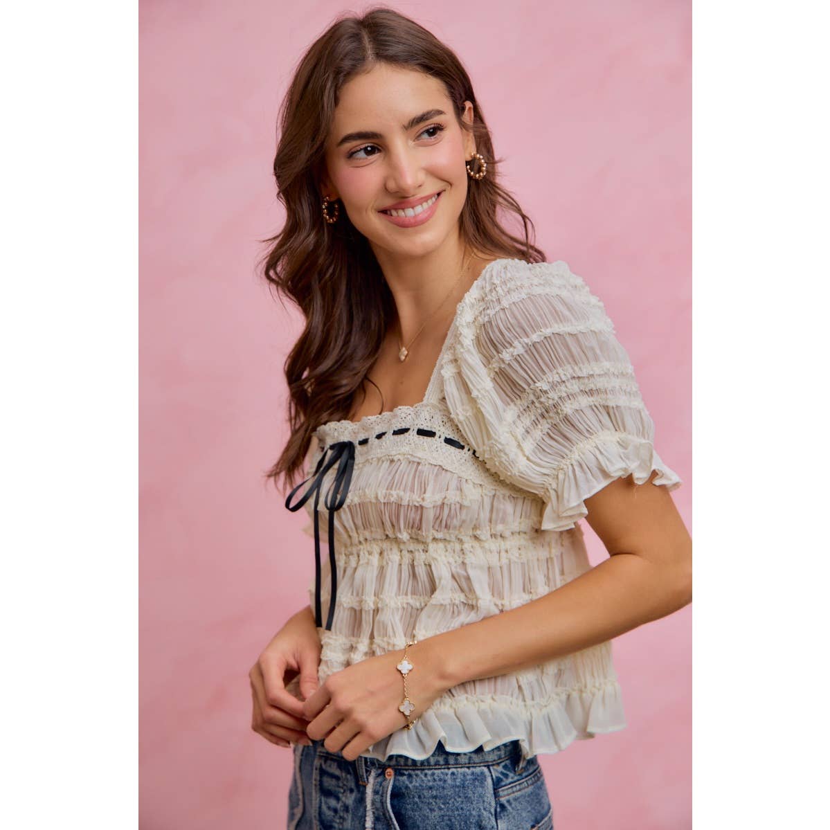 SHIRRED LACE RUFFLE PUFF SLEEVE BLOUSE TOP