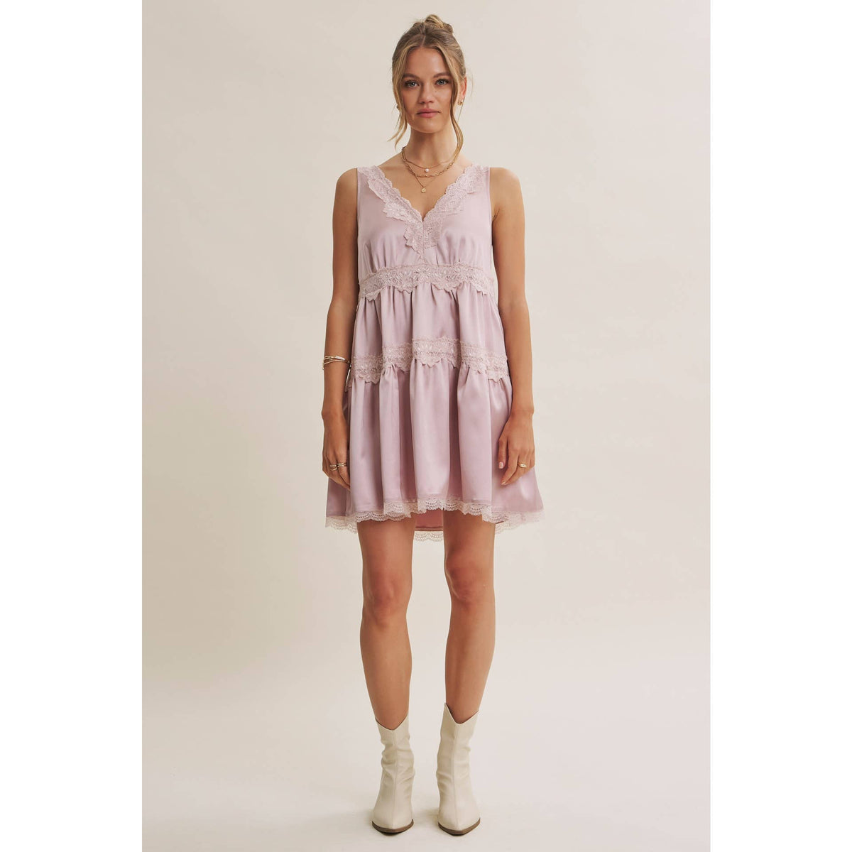Love Letter Scallop Lace & Silky Satin Tiered Mini Dress