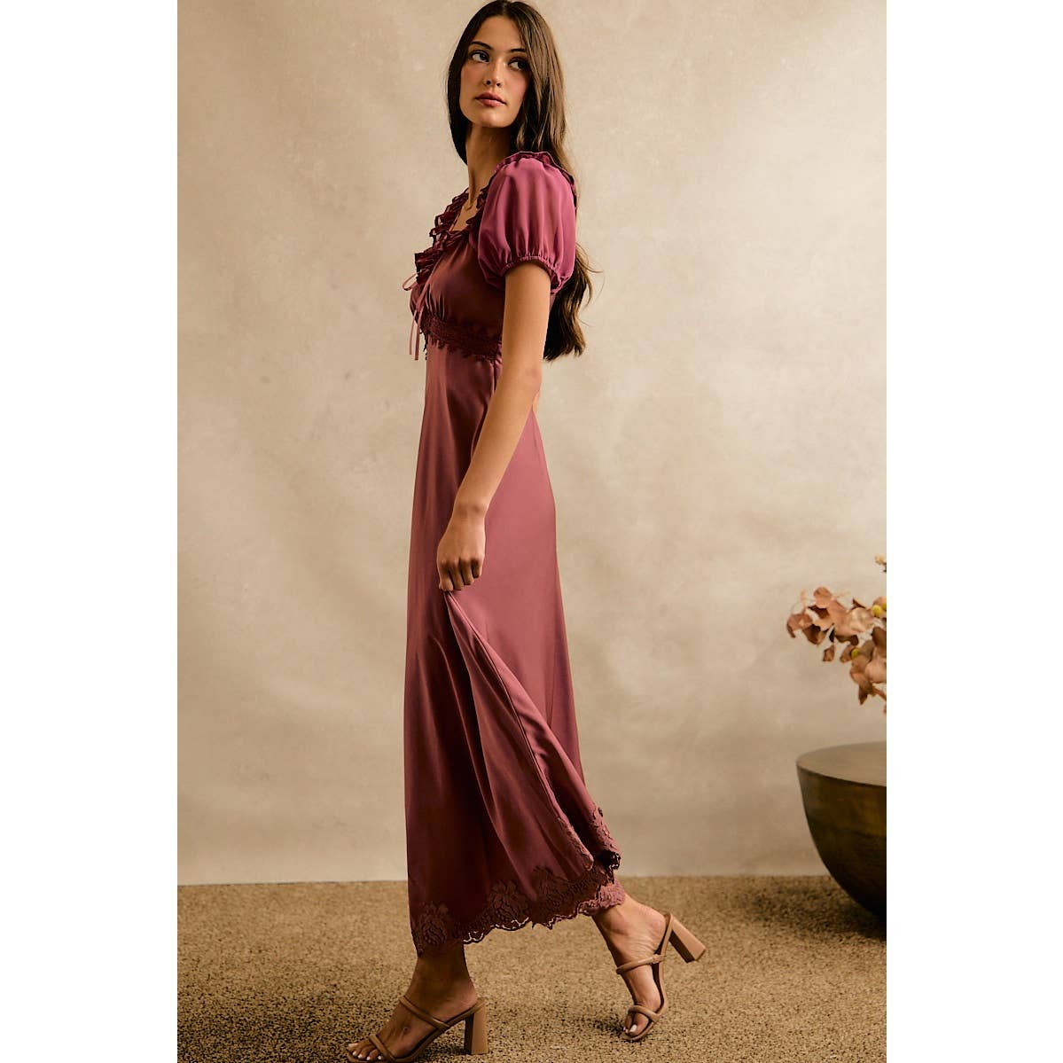 V NECK RUFFLE SLIP SATIN MAXI DRESS