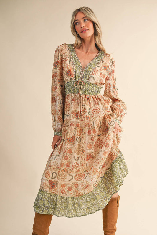 Mixed Paisley Print Midi Dress