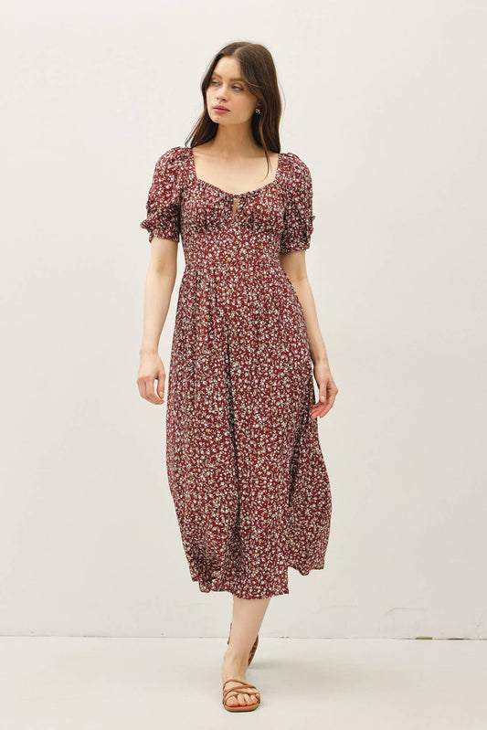 Romantic Ruched Sleeve Tie Front Maroon Dress
