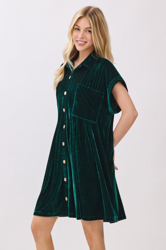 Hunter Green Velvet Shirt Dress