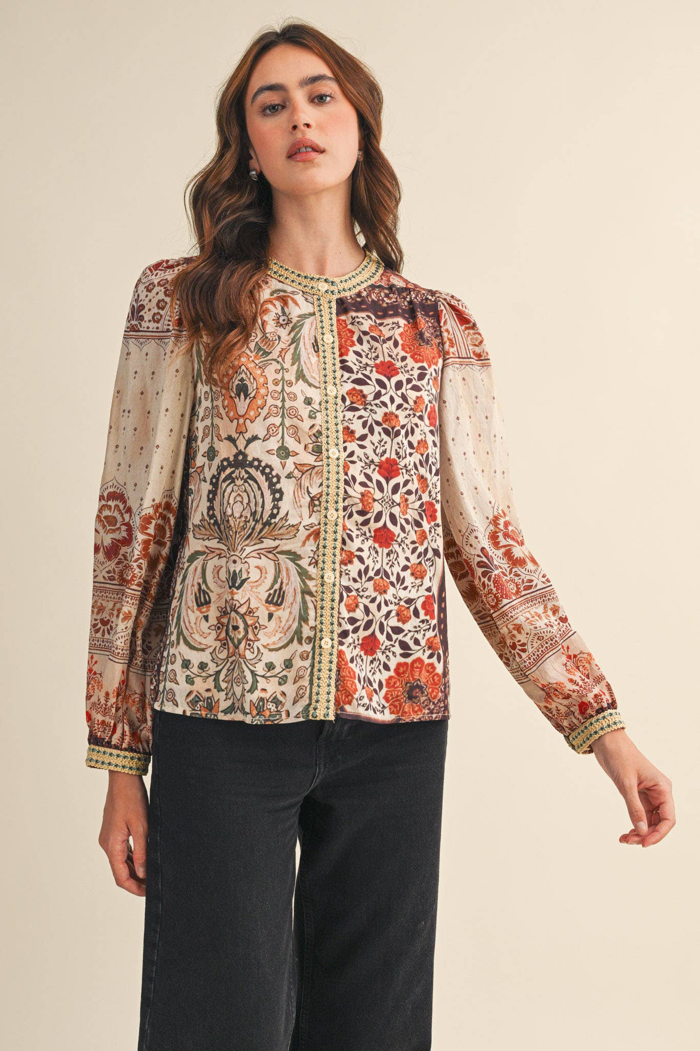 PATCHWORK PRINT CROCHET TRIM BUTTON DOWN TOP MTP4382