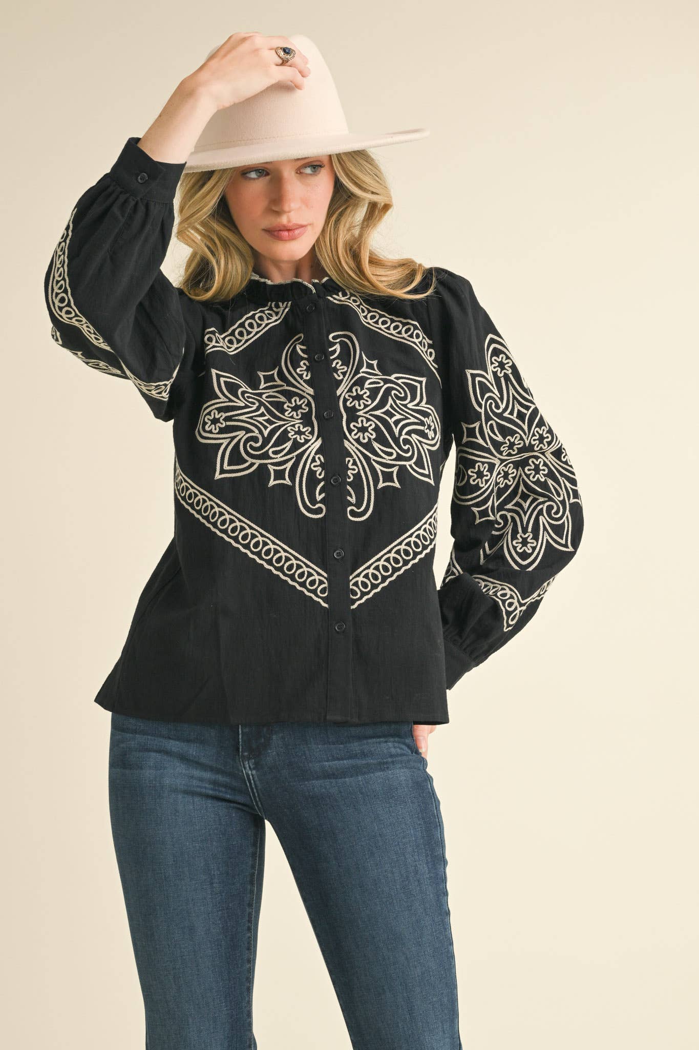 EMBROIDERED MOCK NECK BUTTON UP TOP MTP3336