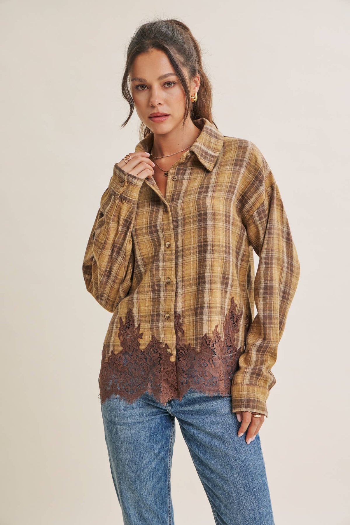 WESTERN ROMANTIC PLAID EYELASH LACE HEM BUTTON-DOWN SHIRT