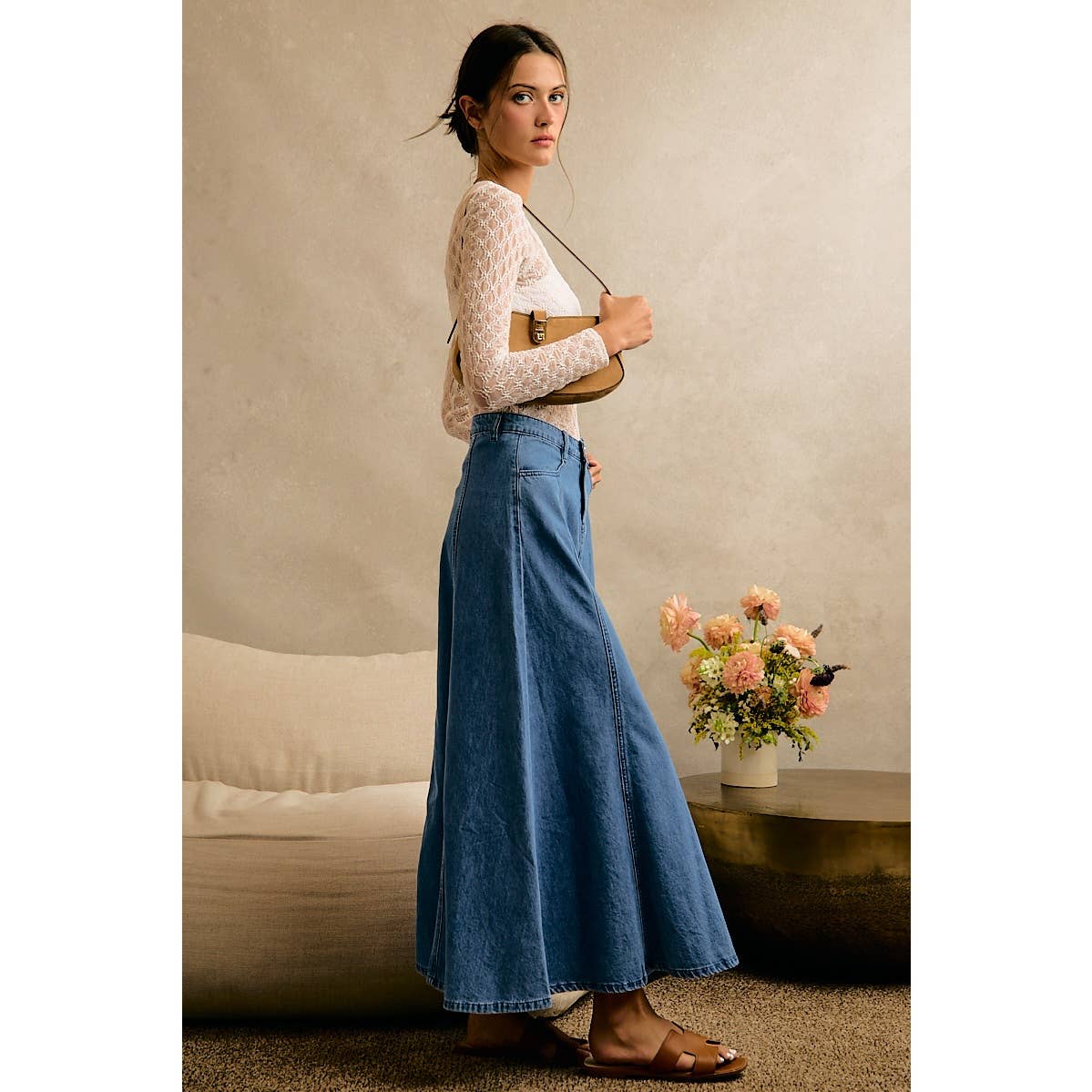 PLEATED DENIM WASHED WIDE FLOWY FIT MAXI SKIRT