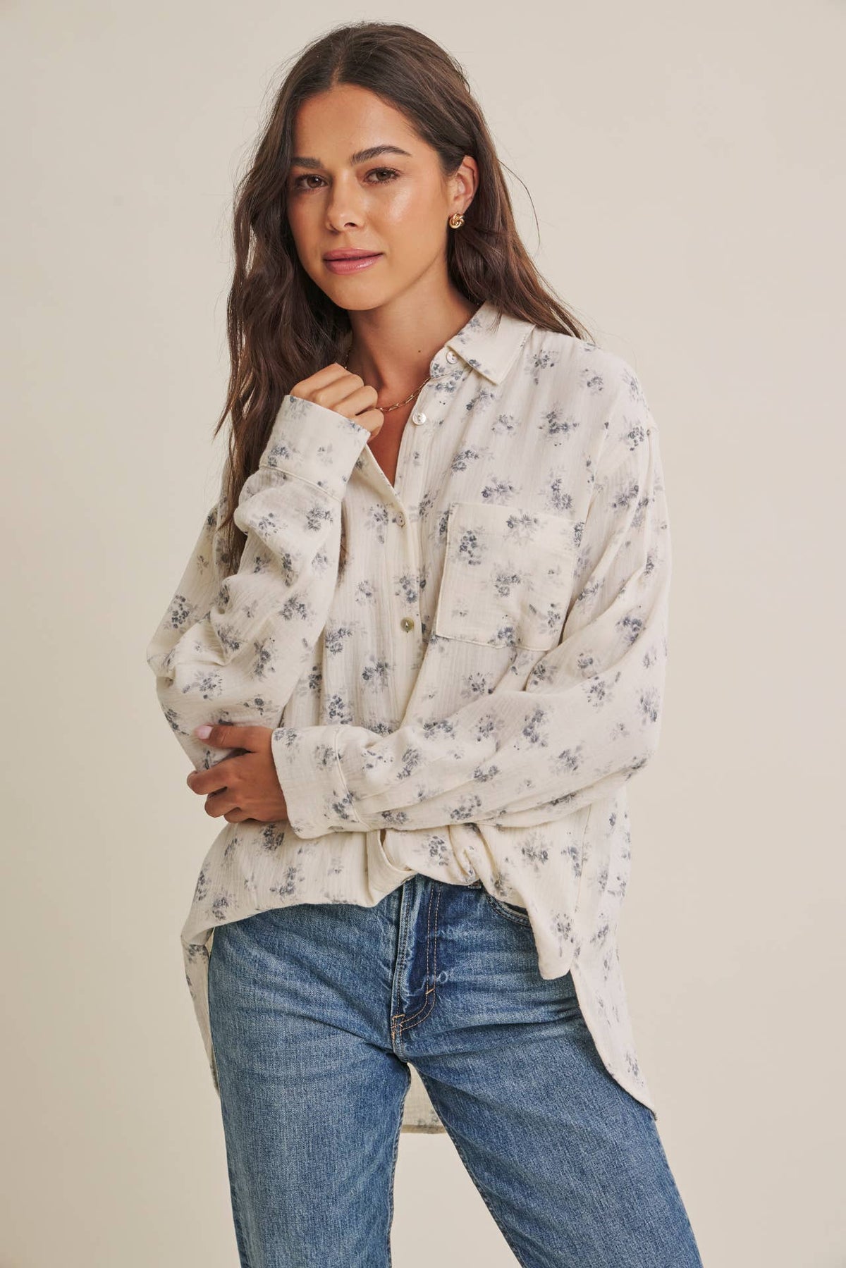 SOFT BREEZE FLORAL COTTON GAUZE RELAXED FIT SHIRT