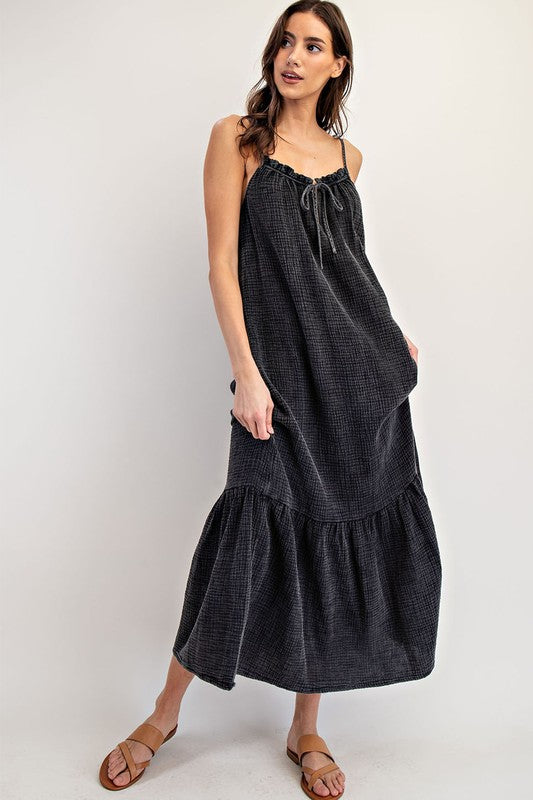 Black Cotton Gauze Maxi Sun Dress with Adjustable Tie
