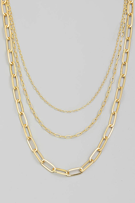 Triple Oval Paperclip Chain Link Necklace: Gold