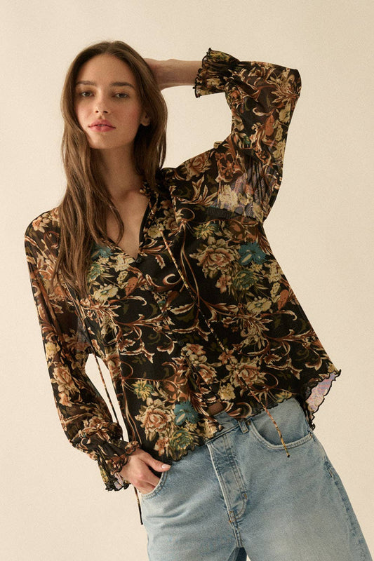 Floral-Print Mesh V-Neck Buttoned Ruffle-Cuff Top