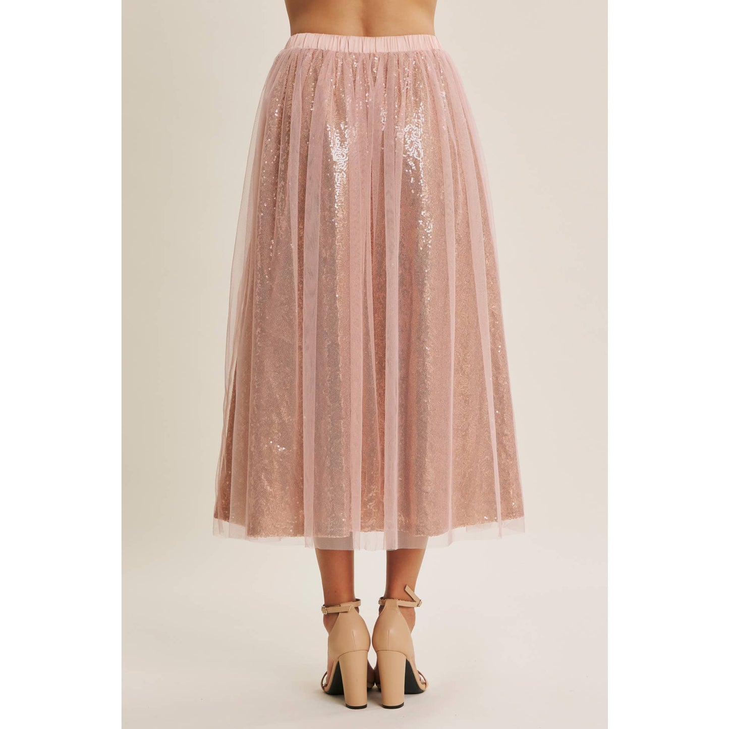 Dance the Night Away Blush Sequin Tulle Midi Skirt
