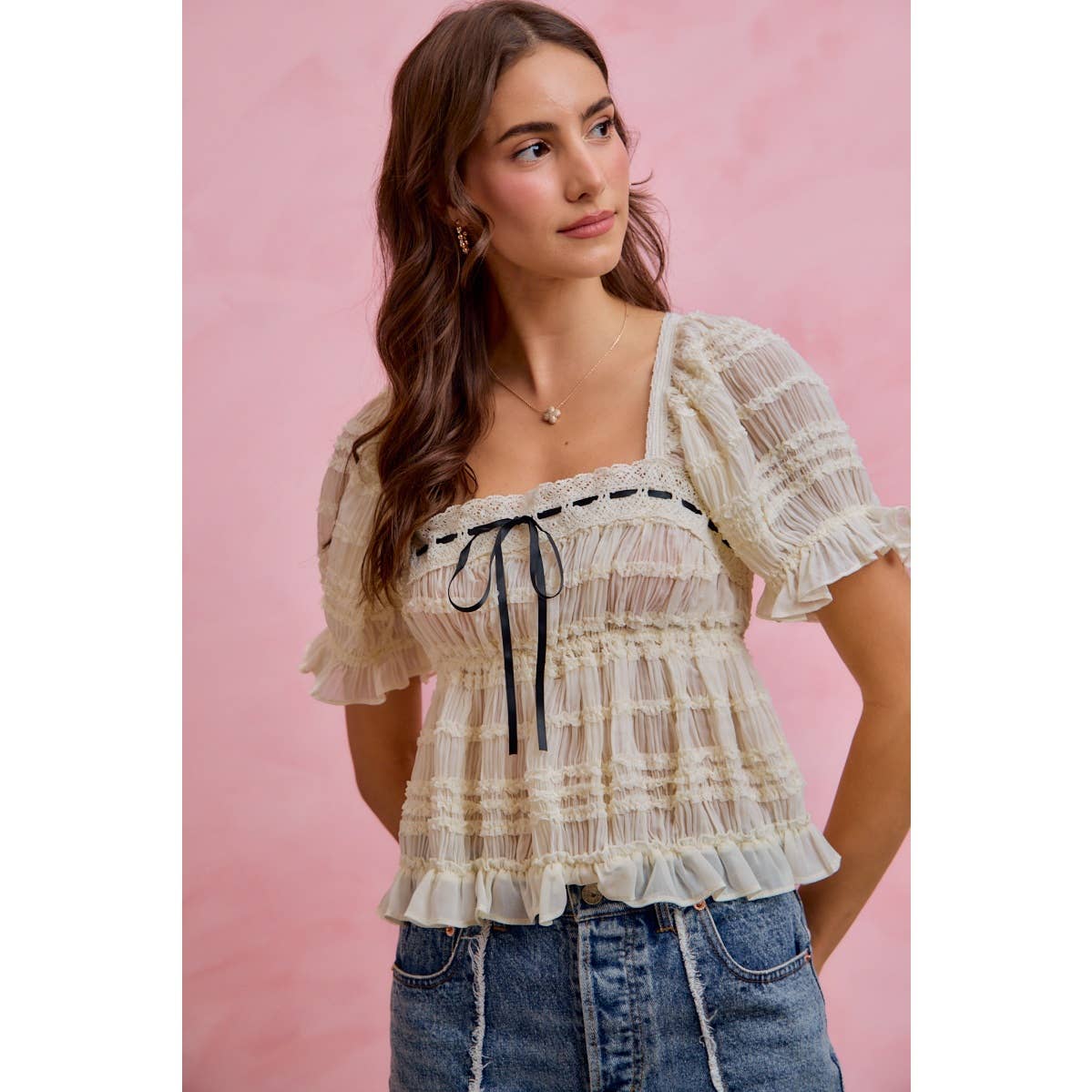 SHIRRED LACE RUFFLE PUFF SLEEVE BLOUSE TOP