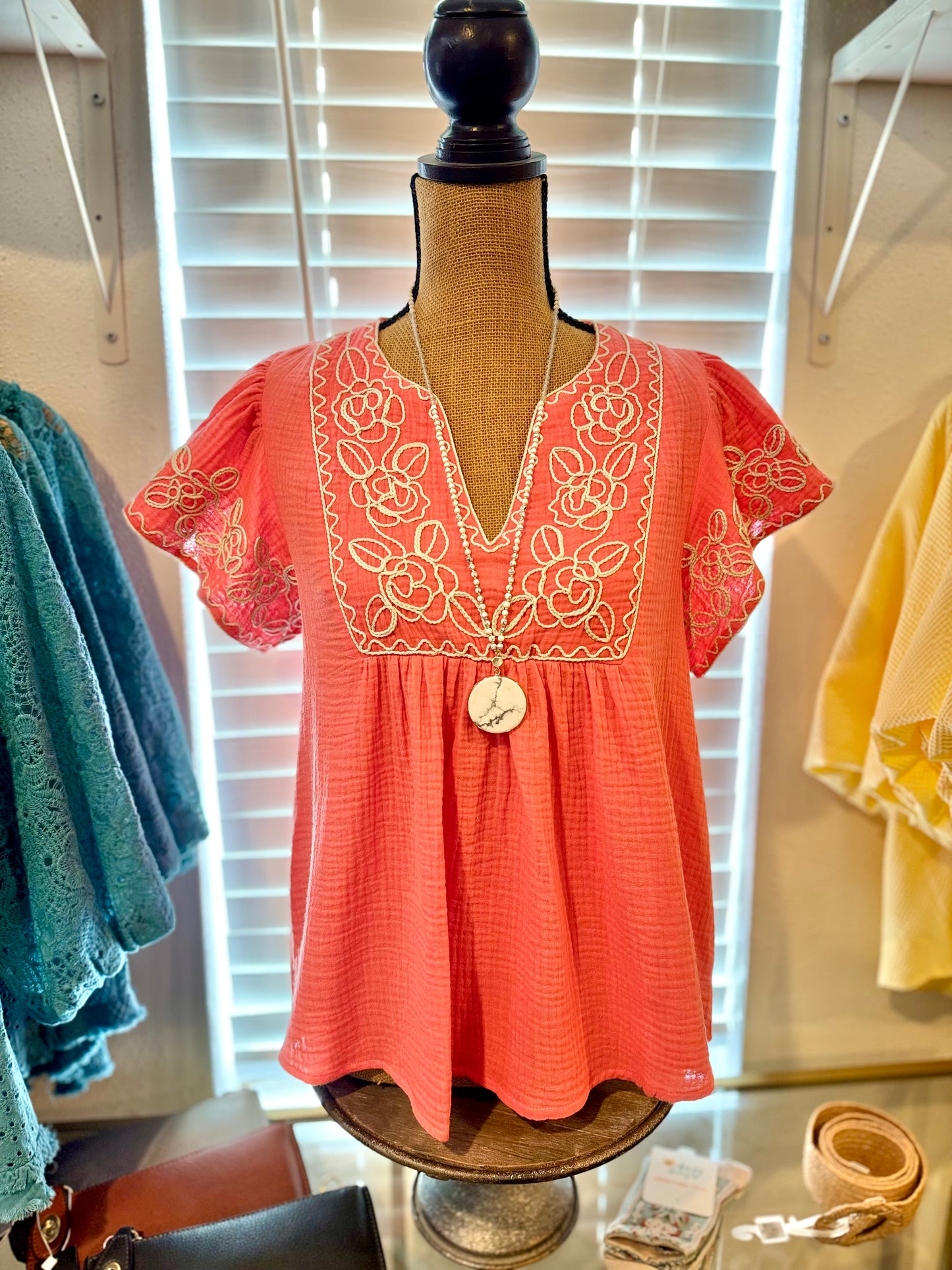 Coral Gauze Embroidered Top