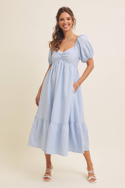 Sweetheart Neckline Blue Seersucker Striped Midi Dress