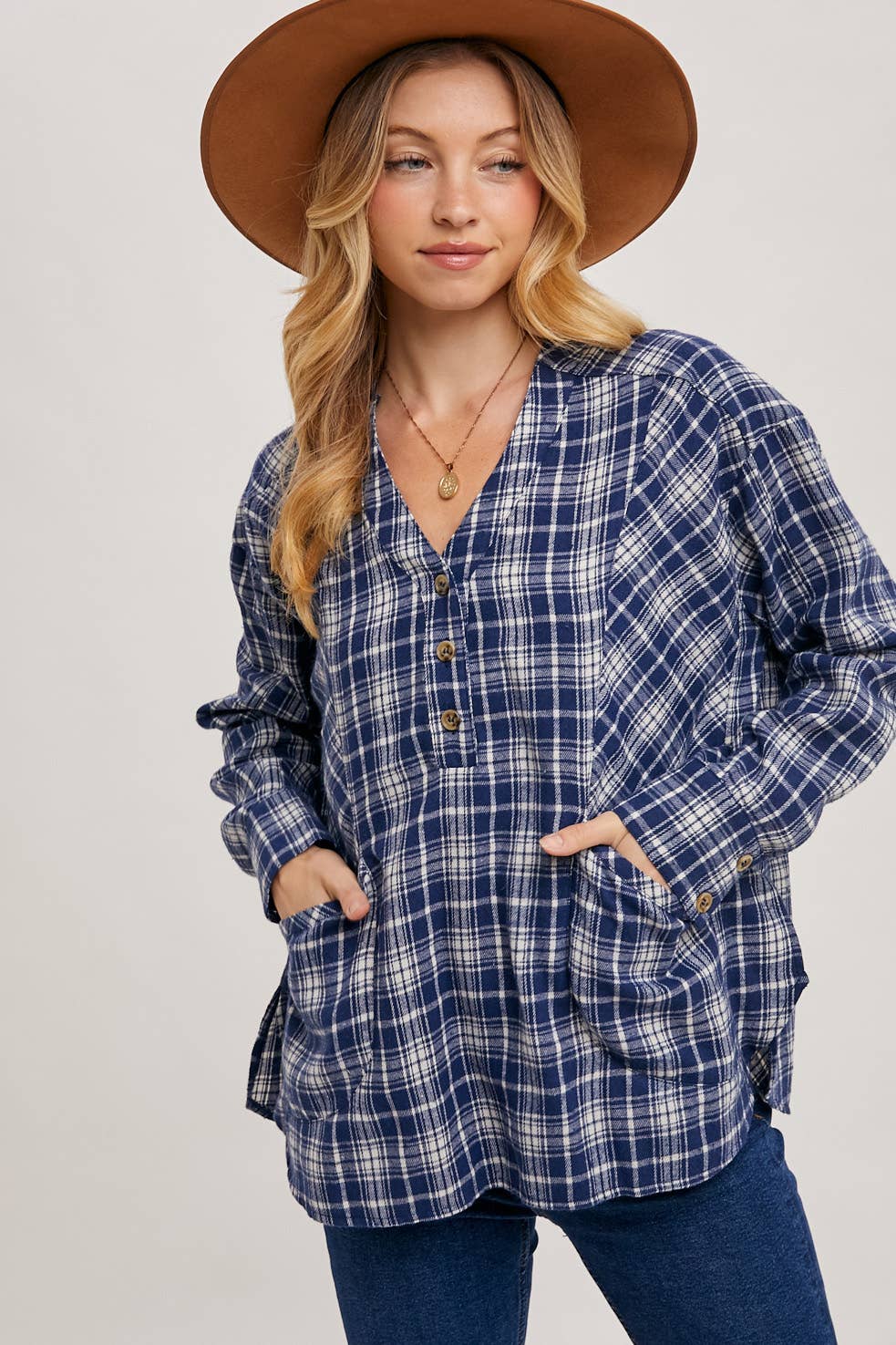 OVERSIZED PLAID BUTTON FRONT V-NECK SHIRT WITH POCKETS