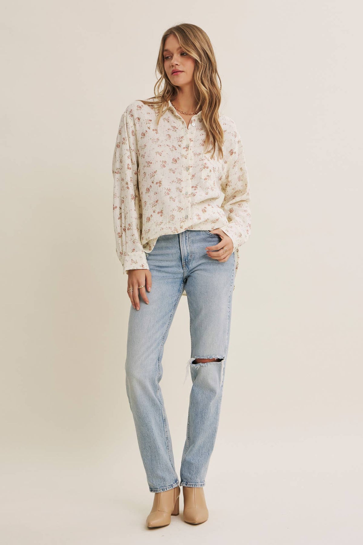 SOFT BREEZE FLORAL COTTON GAUZE RELAXED FIT SHIRT