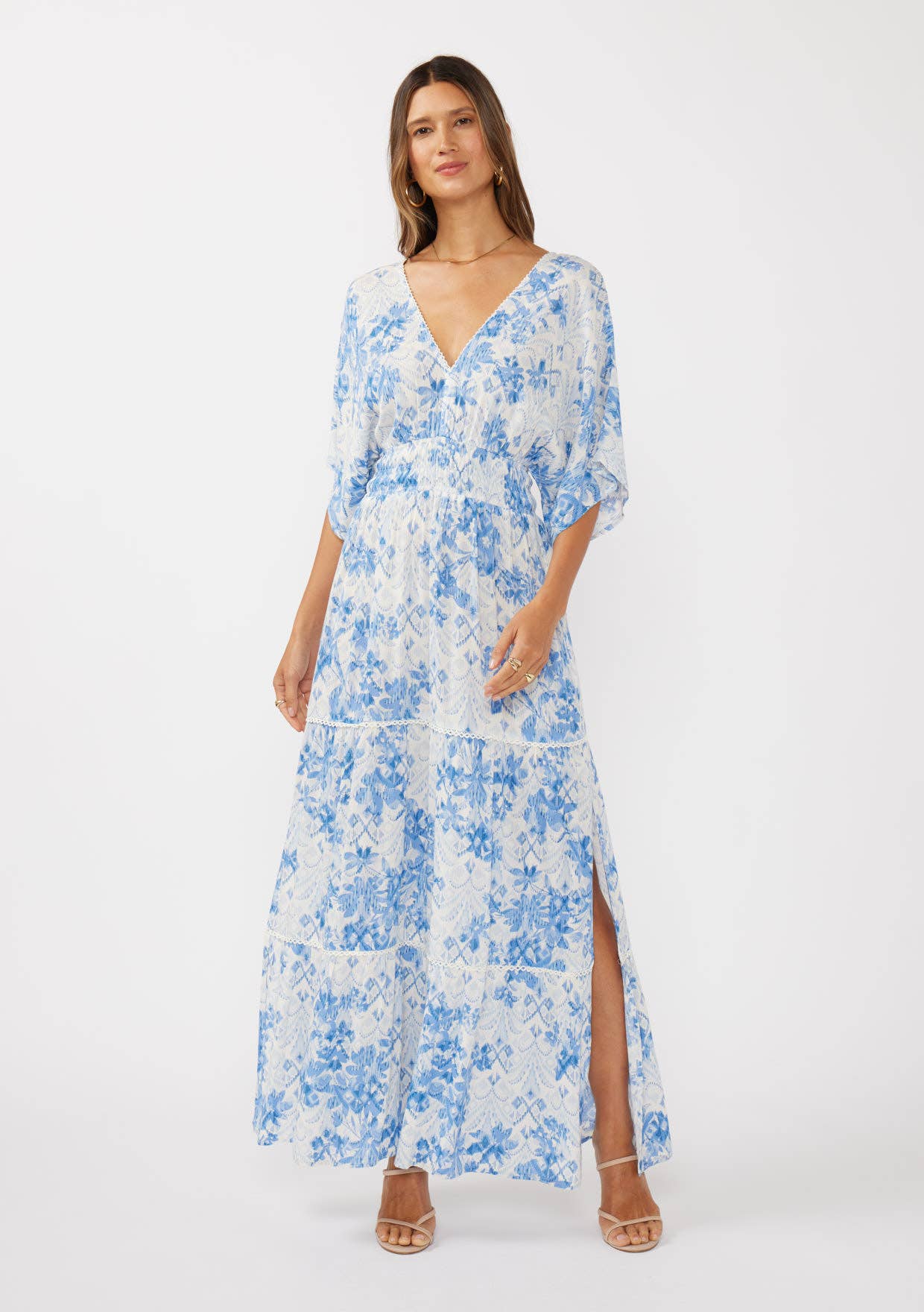 Double V-Neck Kimono Sleeve Maxi Dress