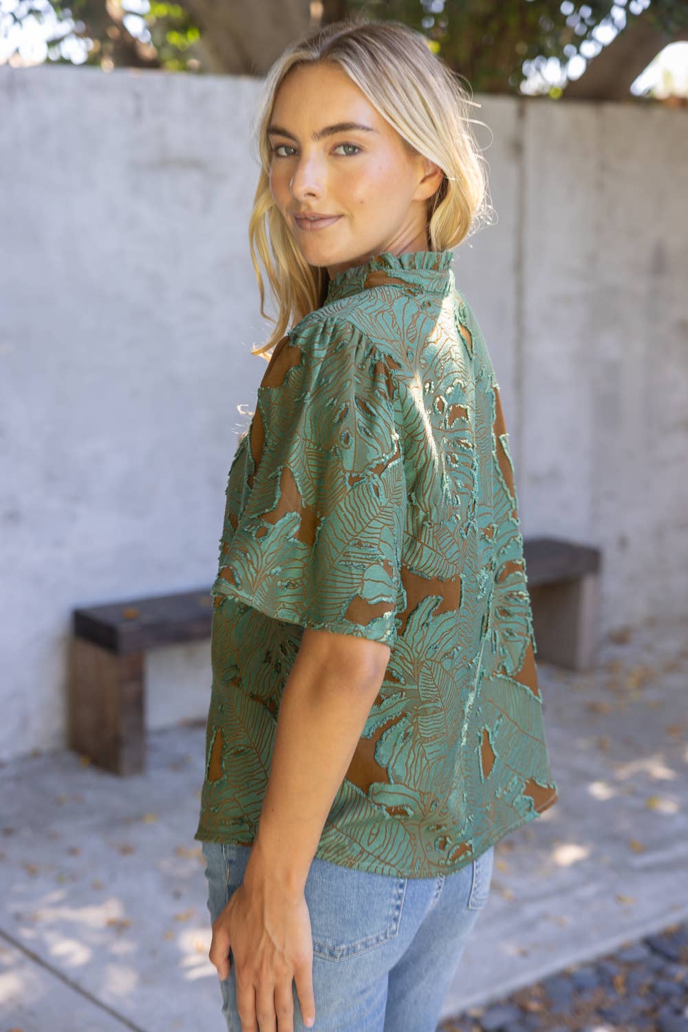 Emerald and Brown Ruffled V-Neck Floral Burnout Top