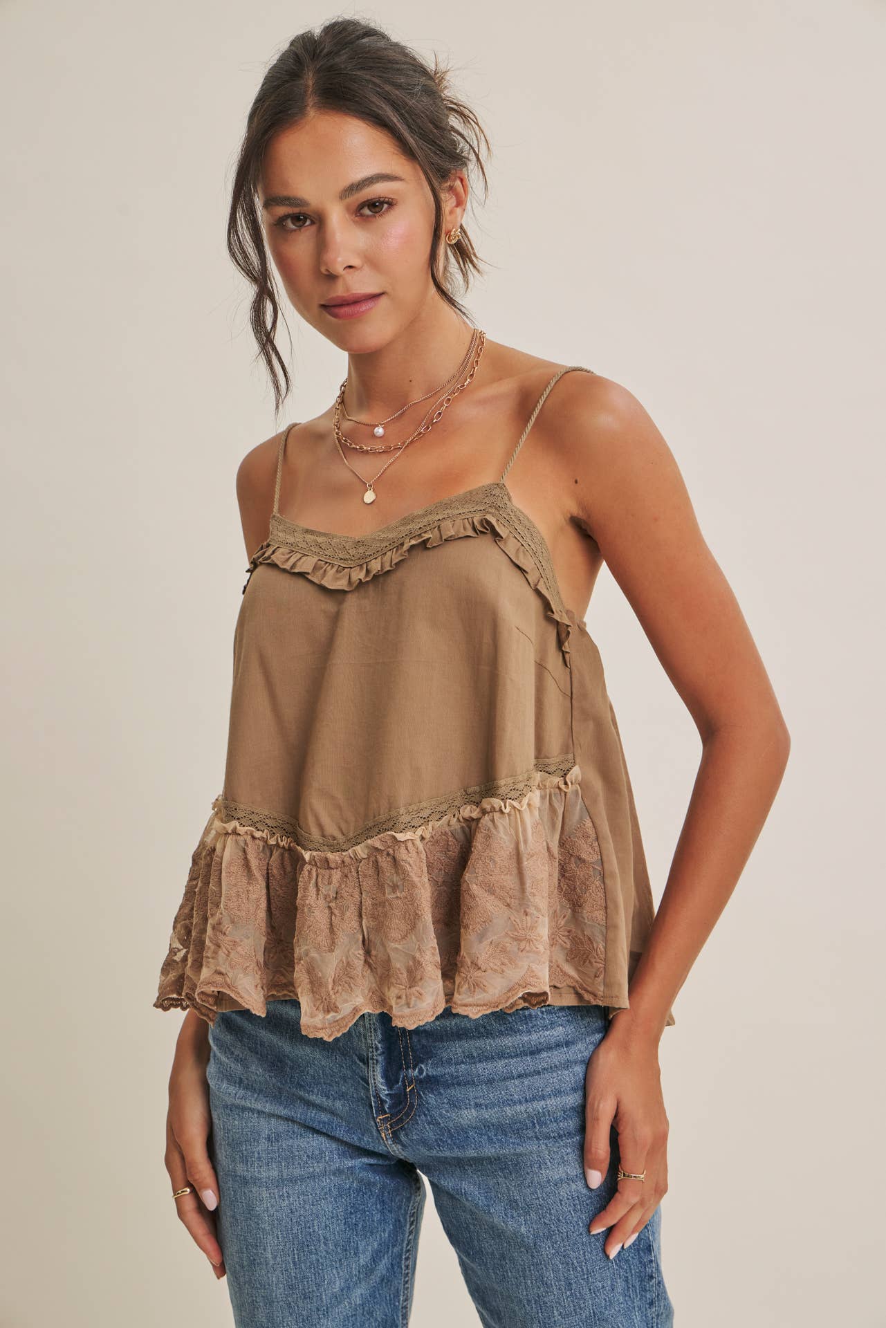 Soft Cotton Flare Camisole with Embroidered Lace