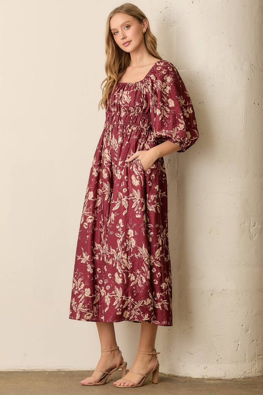 Maroon Floral Textured Print Dress