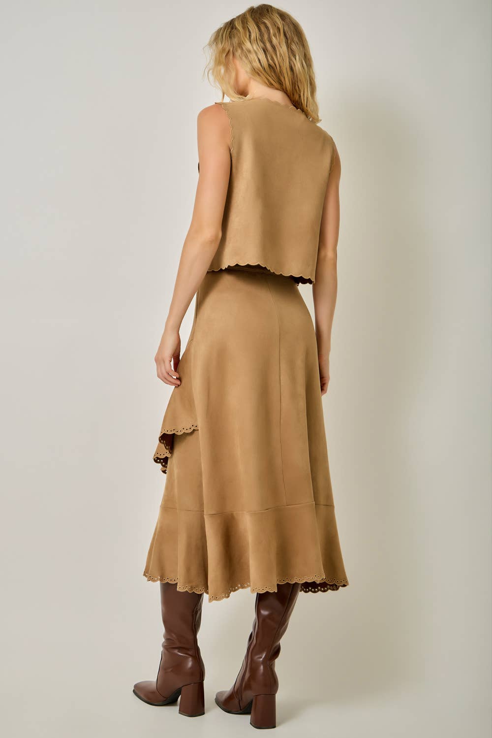 Suede Embroidered Ruffle Midi Skirt