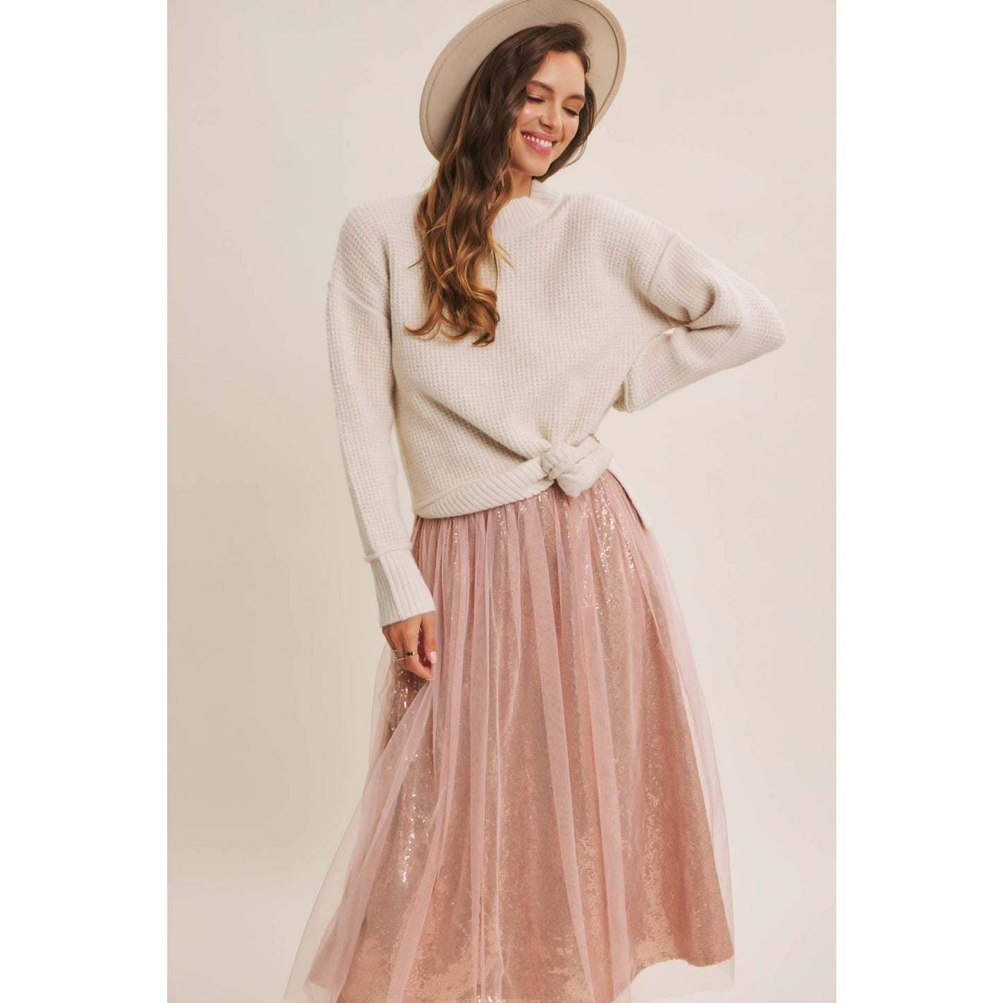Dance the Night Away Blush Sequin Tulle Midi Skirt