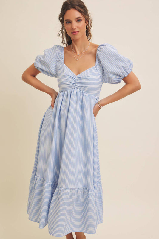 Sweetheart Neckline Blue Seersucker Striped Midi Dress