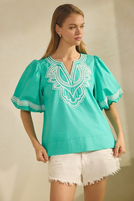 Turquoise Embroidered Poplin Top