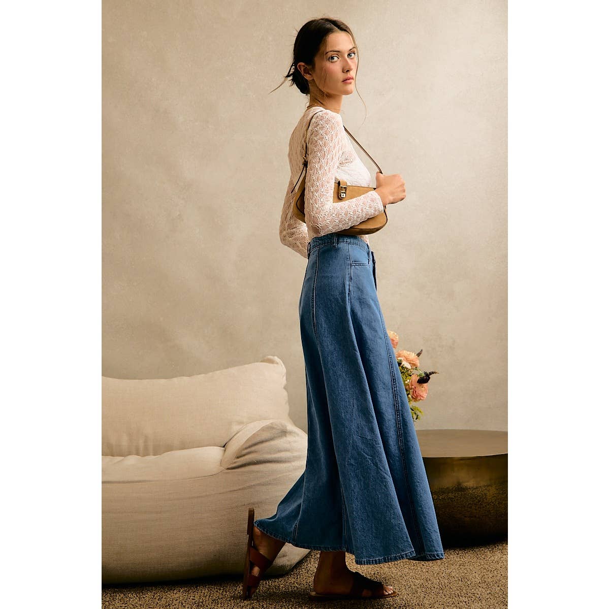 PLEATED DENIM WASHED WIDE FLOWY FIT MAXI SKIRT