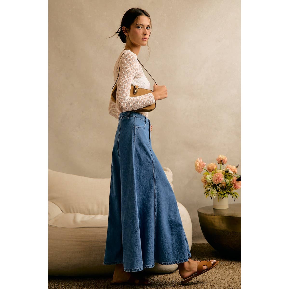PLEATED DENIM WASHED WIDE FLOWY FIT MAXI SKIRT