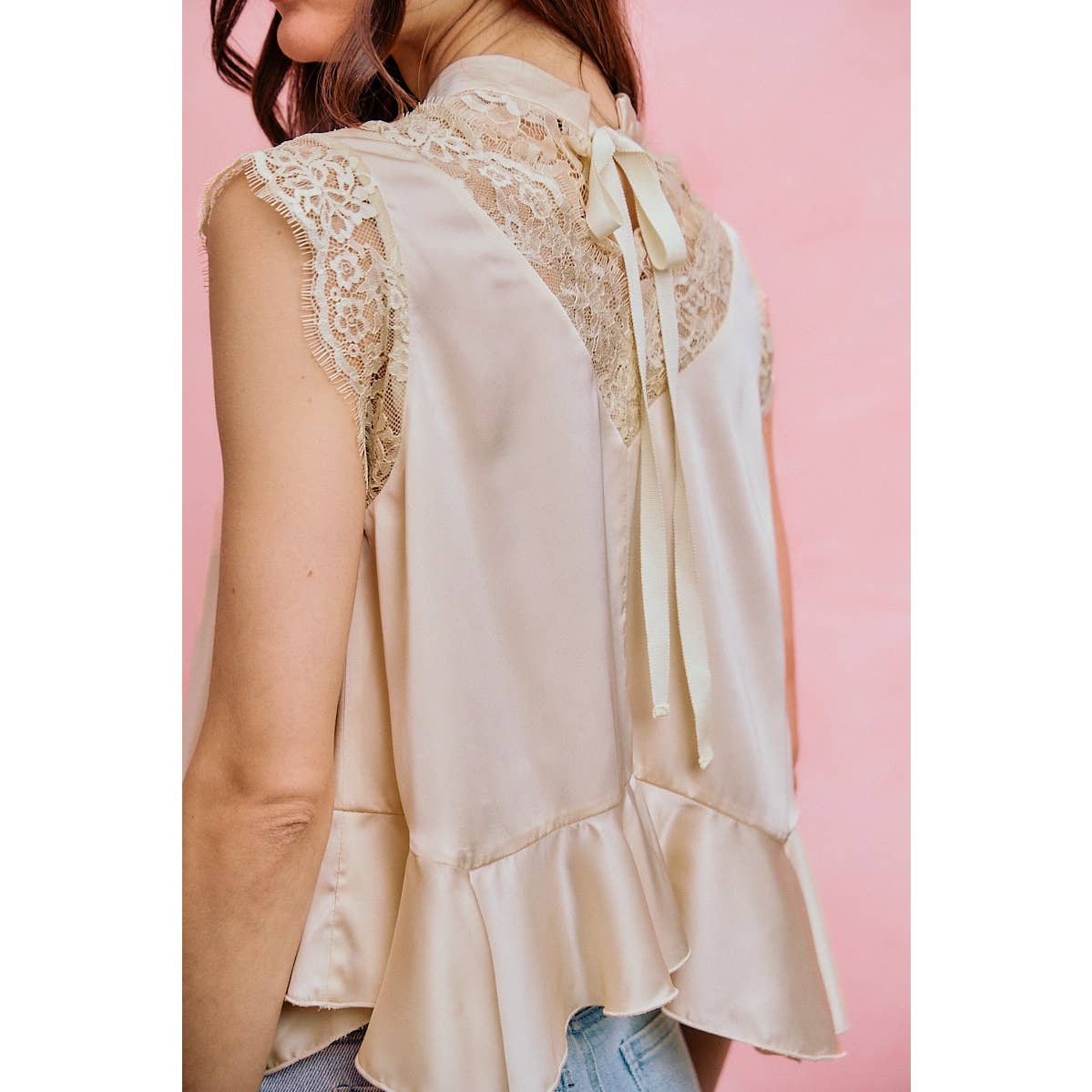 SATIN MOCK NECK LACE TRIM PEPLUM BLOUSE TOP: CREAM / S
