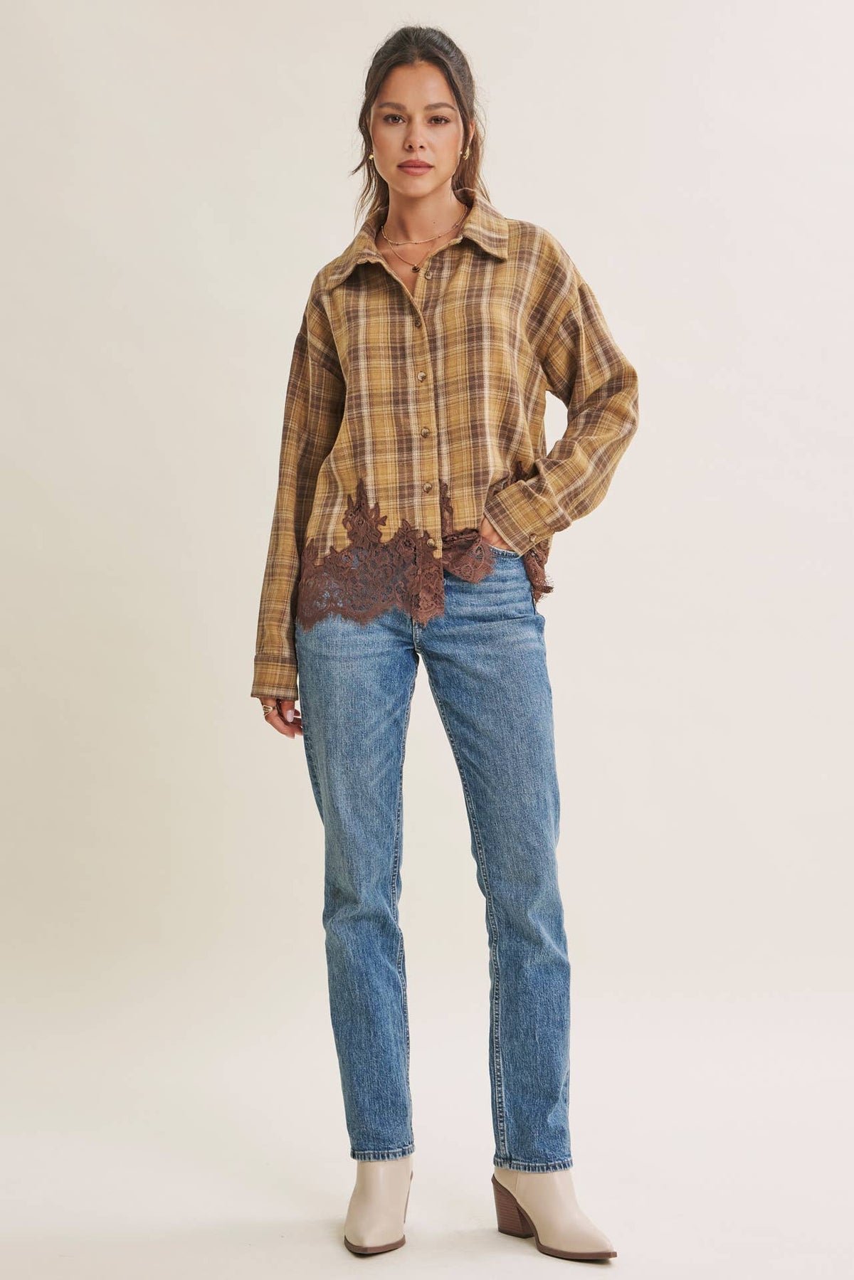WESTERN ROMANTIC PLAID EYELASH LACE HEM BUTTON-DOWN SHIRT