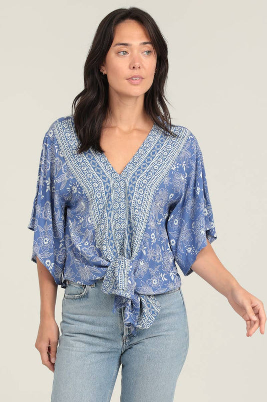 V-neck Kimono Sleeve Tie Waist Top-Blue/White Print