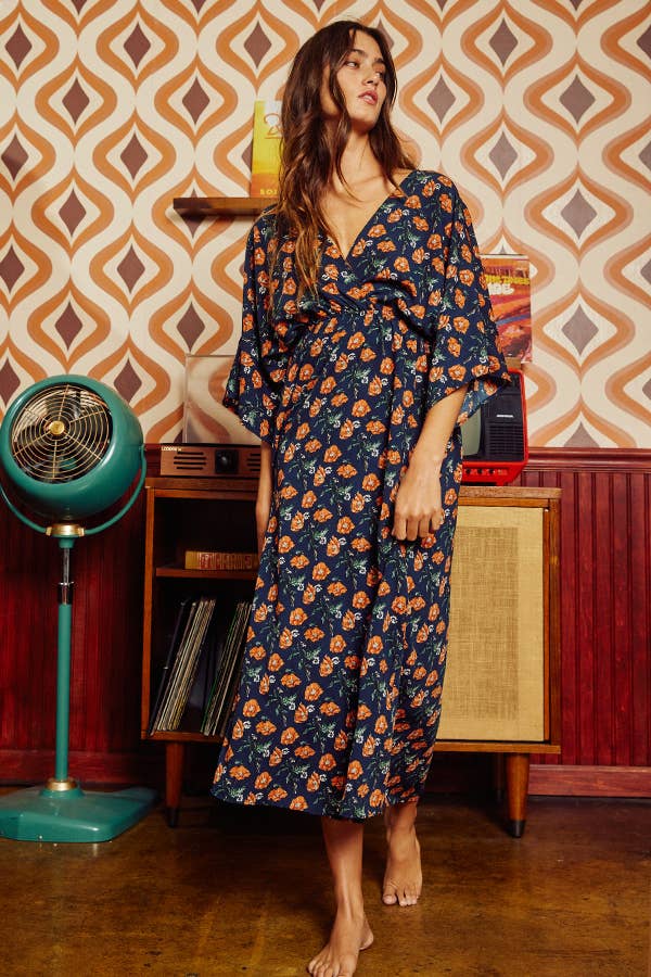 Navy & Rust Floral Printed V-neck Kimono Style Midi Dress