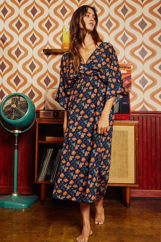 Navy & Rust Floral Printed V-neck Kimono Style Midi Dress