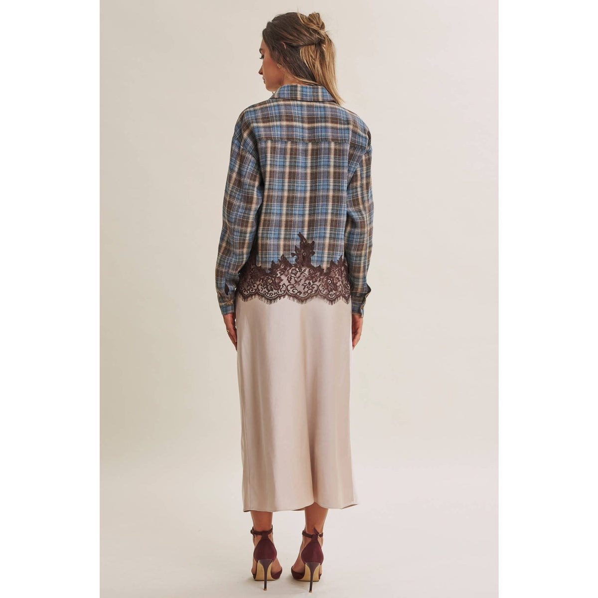 WESTERN ROMANTIC PLAID EYELASH LACE HEM BUTTON-DOWN SHIRT