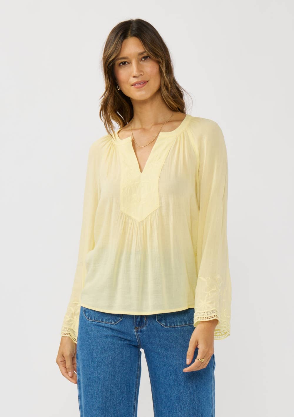 Raglan Bell Sleeve Split Neck Embroidered Blouse-Butter Yellow