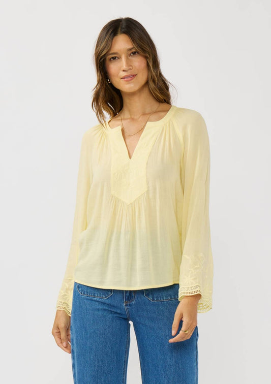 Raglan Bell Sleeve Split Neck Embroidered Blouse-Butter Yellow