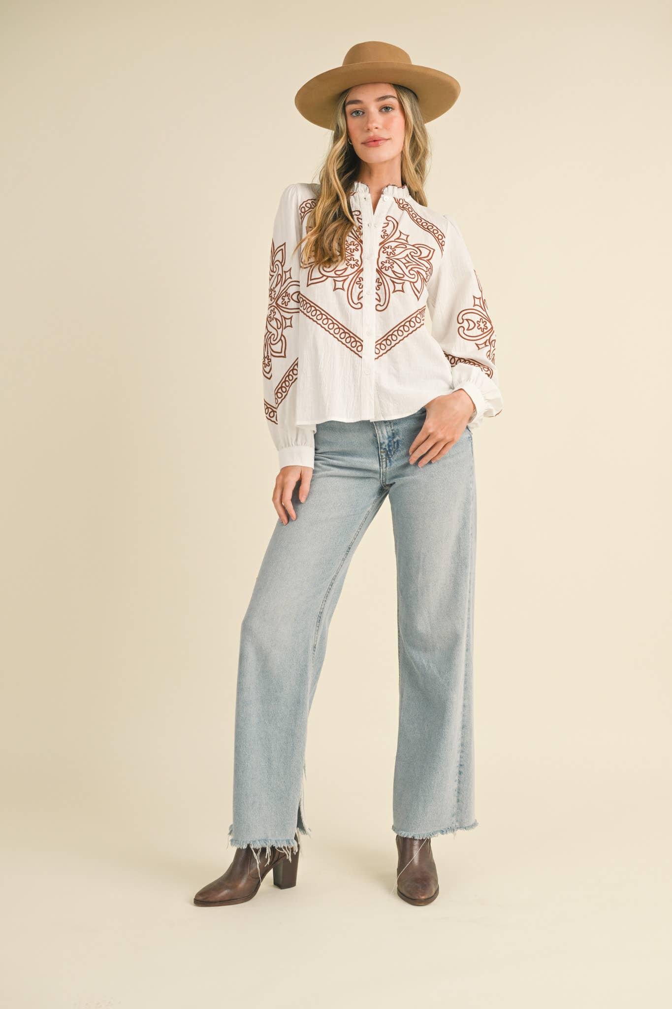 EMBROIDERED MOCK NECK BUTTON UP TOP MTP3336