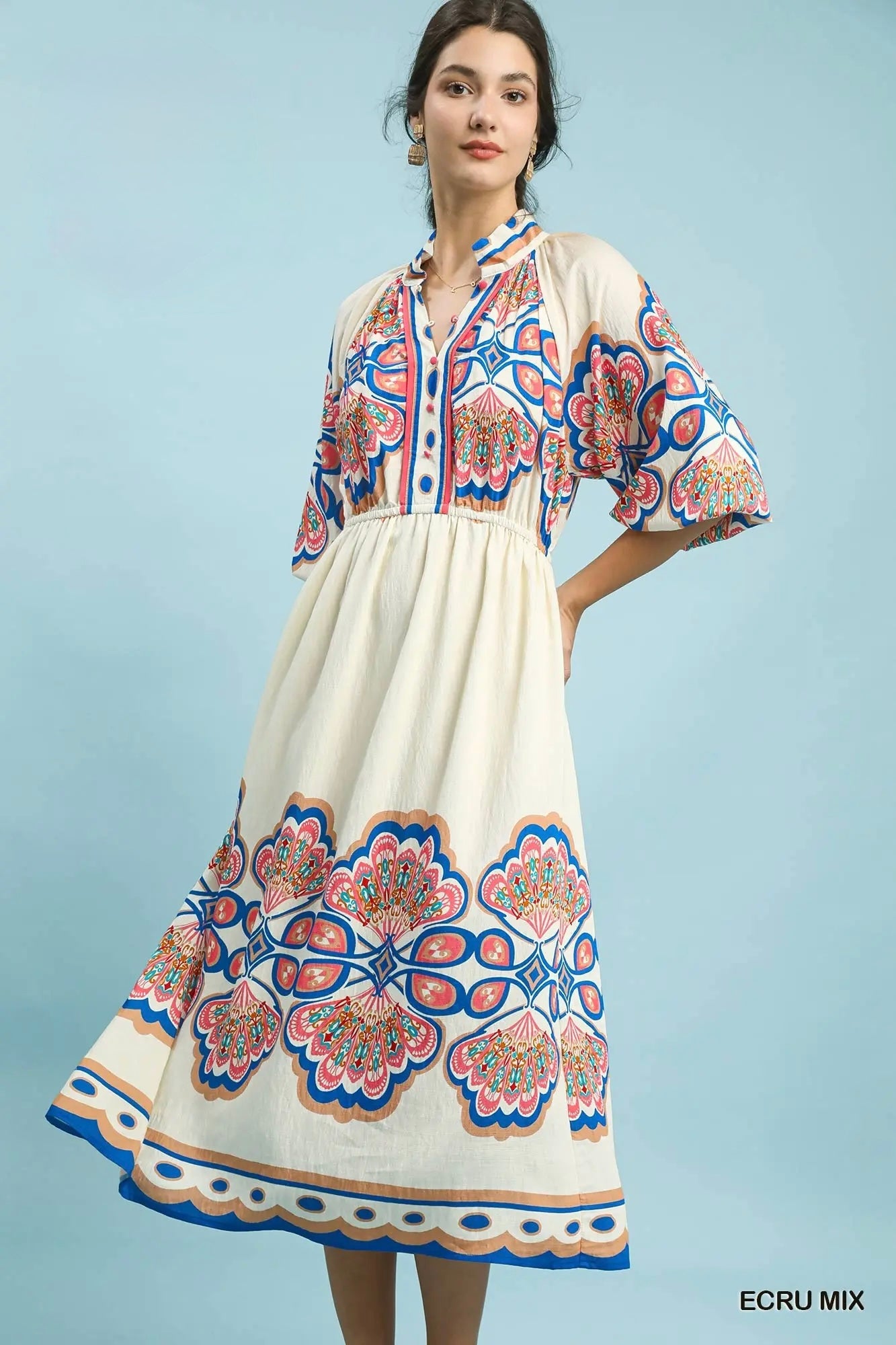 Plume Border Print Midi Dress